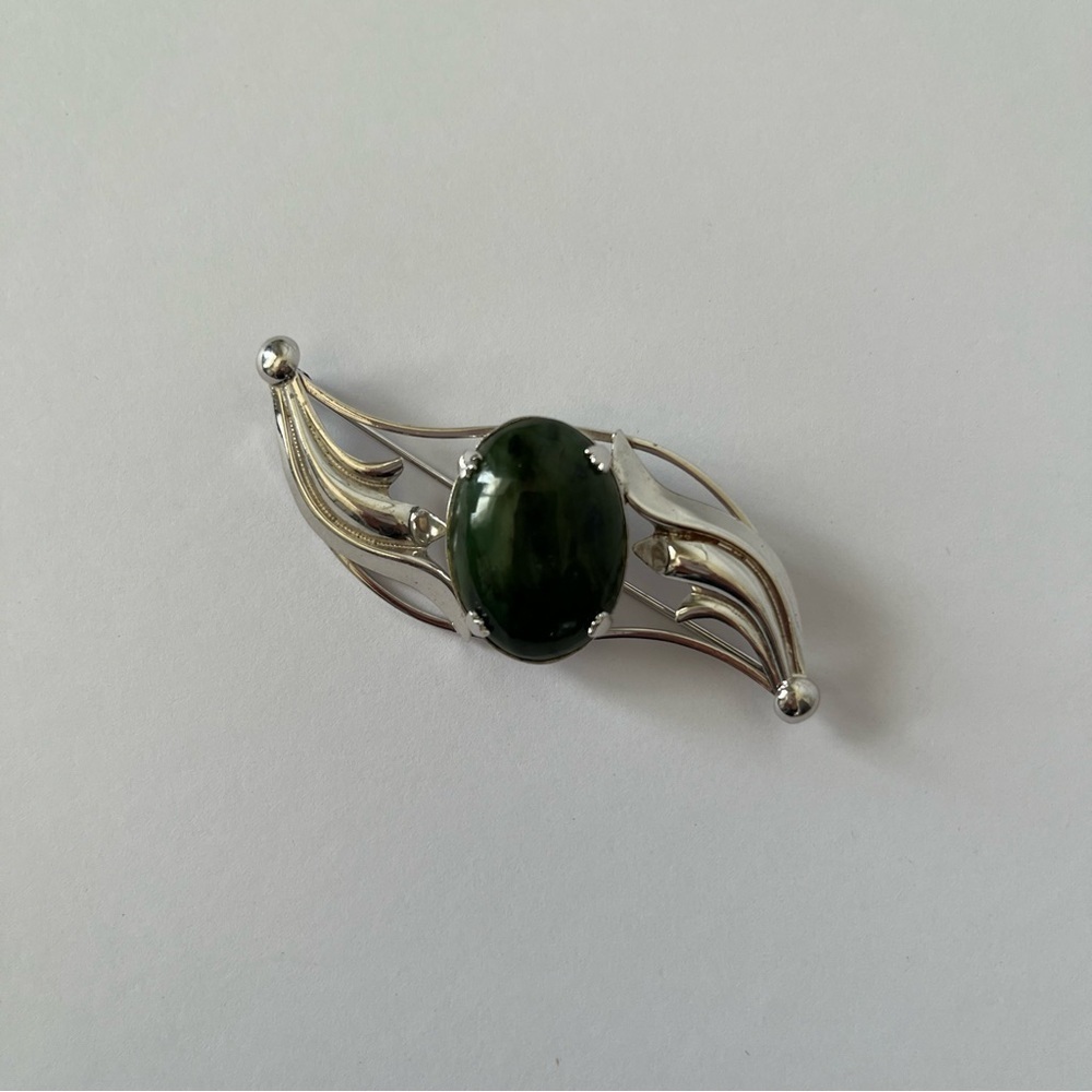 Vintage Sorrento Sterling Silver Brooch Green Stone